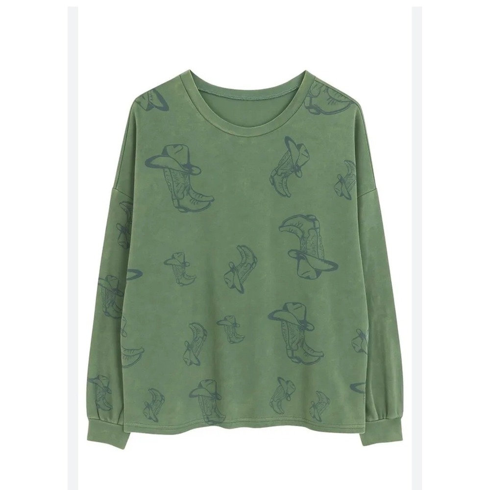 Easel NEW Green Boots Hat Oversized Crew Sweatshirt MEDIUM Country Western Boho